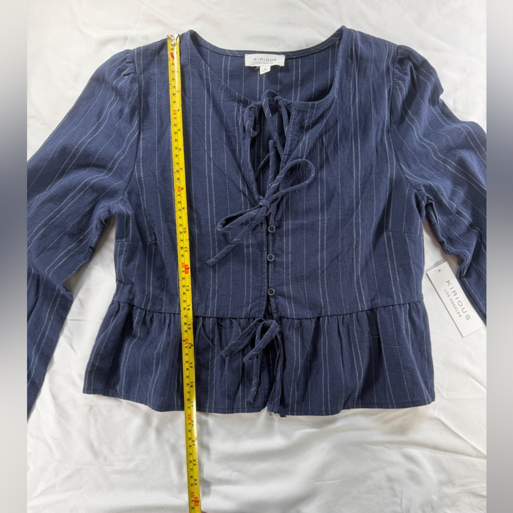 KIRIOUS LA Navy Pinstripe Tie Front Peplum Blouse Boho Cottagecore Top M NWT - Picture 9 of 11